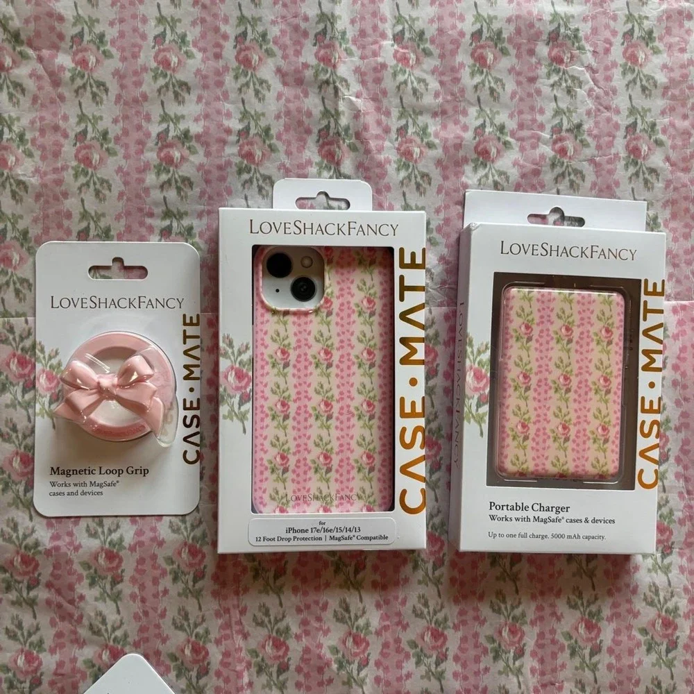 LoveShackFancy case mate Phone case charger & pink bow grip iPhone 17e 15 14 13